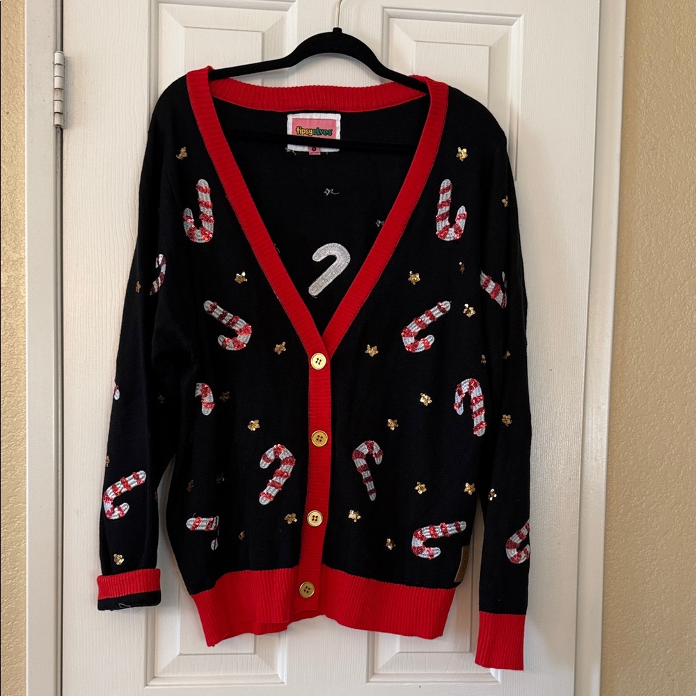 Tipsy Elves XL Festive Black and Red Candy Cane Cardigan